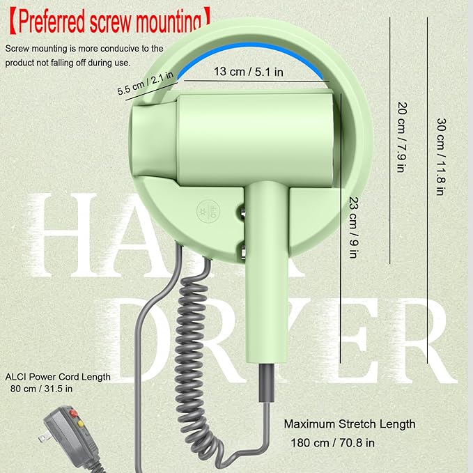 110V Hotel Wall Mounted Hair Dryer for Bathroom（with Night Light） Professional Styling HairDryer for Salon【Blue Light Negative Ions】 Fast Drying Restroom Blow Dryer，Matte Texture - Emerald Green