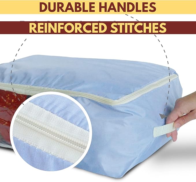 Madam Sew Quilt Blanket Storage Bag|Blanket Organizer|Comforter Storage for Clothes, Quilts, Bedding|Linen Bag Storage with Visible Front Panel, Strong Handles & 2-Way Zipper - Periwinkle 22x15x8"