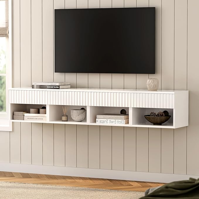 Floating Nightstands Set of 3 with Drawer and Open Shelf, Small Wall Mounted Bedside End Table, Modern Fluted Night Stand for Bedroom, Living Room, White