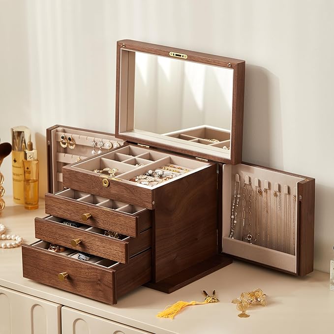 Black Walnut Wooden Jewelry Box, Wood Jewelry Organizer with 2 Side Doors Mirror Lockable Classical Style for Watch Necklace Ring Earring Storage Christmas Gifts-4 Layer