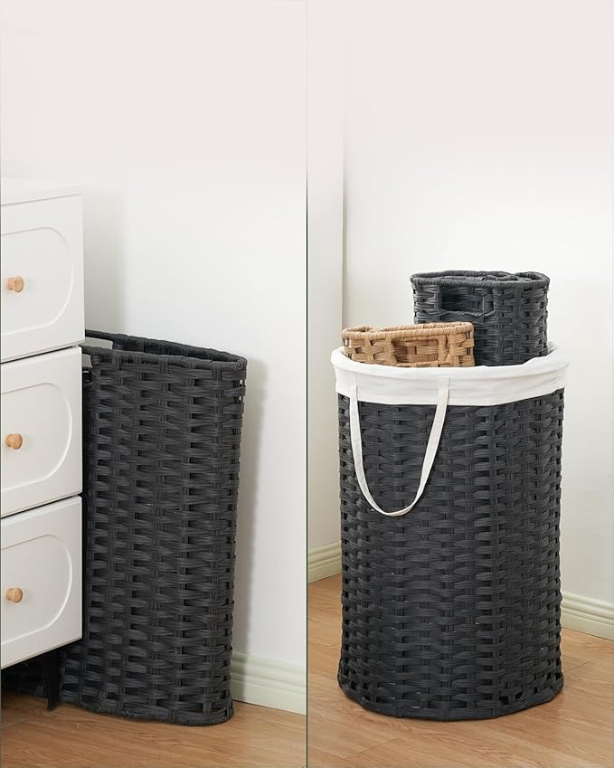 Laundry Basket with Lid Round Rattan Laundry Hamper with Lid and Handles 29.1 Gal (110 L) Handwoven Woven Basket with Removable Bags and 2 Mesh Bags for Bathroom Living Room Black