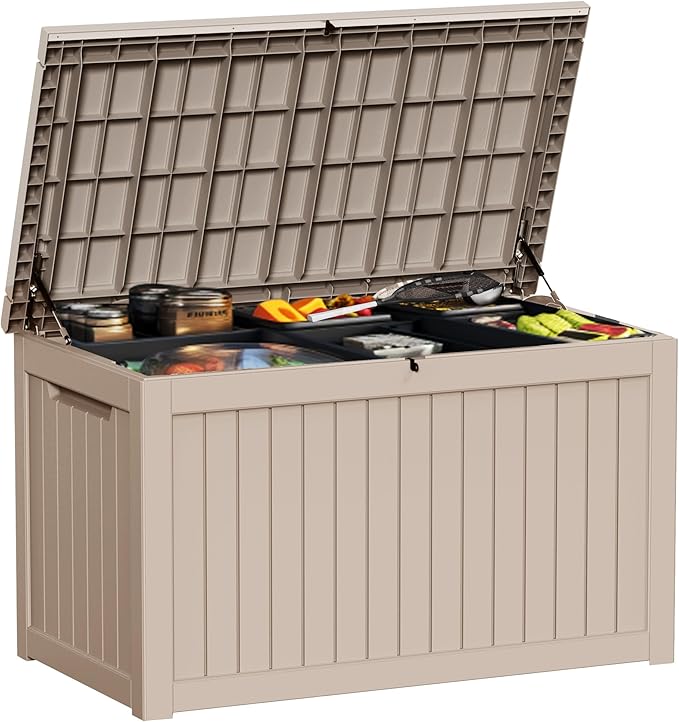 230 Gallon Resin Large Deck Box, Waterproof Outdoor Storage box for Patio Cushions, Garden Tools, Lockable (Brown)