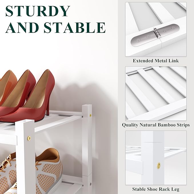 Smiry Bamboo Shoe Rack for Closet, 3 Tier Wooden Stackable Shoe Organizer, Free Standing Shoes Storage Shelf for Entryway, Front Door Entrance, White