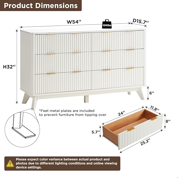 T4TREAM Fluted 6 Drawers Dresser, 54" Wide Modern Chest of Drawers with Faux Marble Top, Curved Profile Design, Dresser TV Stand, Wood Drawer Organizer for Bedroom, Living Room, Hallway, Solid White