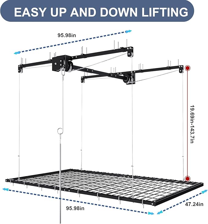 Montary 4x8 FT Overhead Garage Storage Rack for 10-12 FT Ceiling, Adjustable Ceiling Storage Rack with Safety Lock, 325LBS Capacity All-Steel Construction Heavy-Duty Garage Lifting Organizer