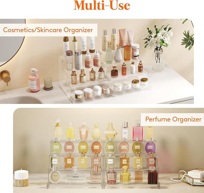 Lifewit 12 Inch Perfume Stand Organizer for Women, 4 Tier Plastic Display Riser, Tool-Free Assembly, Fragrance Makeup Cosmetics Shelf for Vanity Bedroom Bathroom Storage Organization, Clear, 3 Pcs