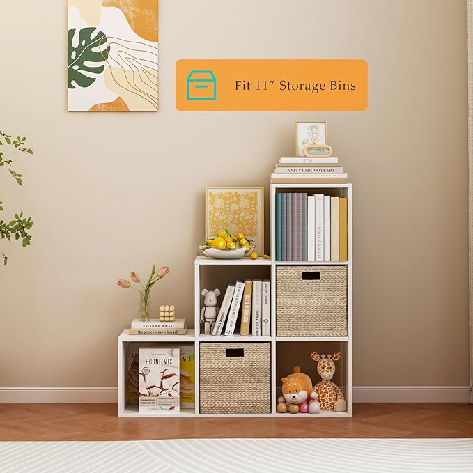 Ladder Cube Storage Bookcase - Wooden L-Shaped 3-Tier Corner Shelf, Reversible 6-Cube Organizer for Home & Office, White