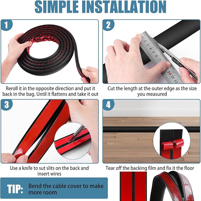 Floor Cord Covers for Wires 20FT Cable Hider Wire Coverr Self Adhesive Cord Hider Floor for Offices, Homes, Workshops, Warehouses Cable Cavity 0.47" W x 0.27" H