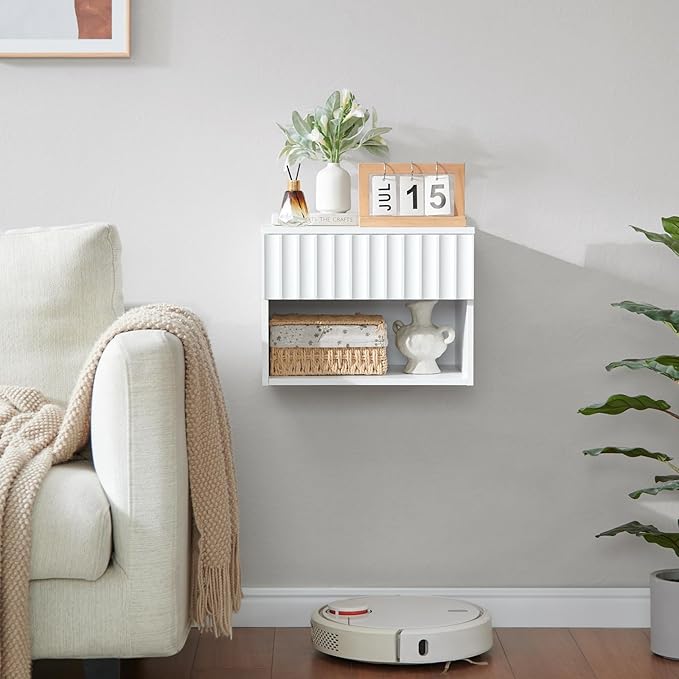Floating Nightstand with Fluted Drawer - Modern Wall Mounted Bedside Table with Open Storage Shelf, Small Night Stand TV Stand for Bedroom(Matte White)