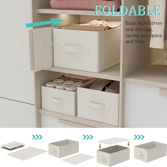 Storage Bins, 3 Pack Foldable Cloth Basket, Cube Organizer with 2 Handles, Suitable for bedrooms, living rooms, wardrobes, and workspaces, Beige, 13 x 9.1 x 5.5 In, XSNY11BES-3