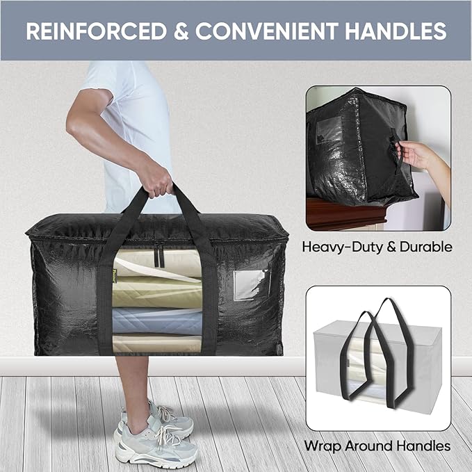 BALEINE 4-Pack Oversized Moving Bags with Reinforced Handles, Heavy-Duty Storage Tote Moving Supplies for Packaging, Camping (Black w/Window, 4-Pack)