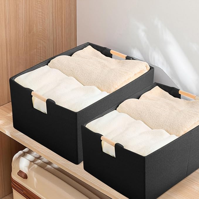 Fabric Storage Bin 3 Pack Foldable Cotton Linen Storage Basket with Wooden Handles Rectangular Cube Box– Black, Large