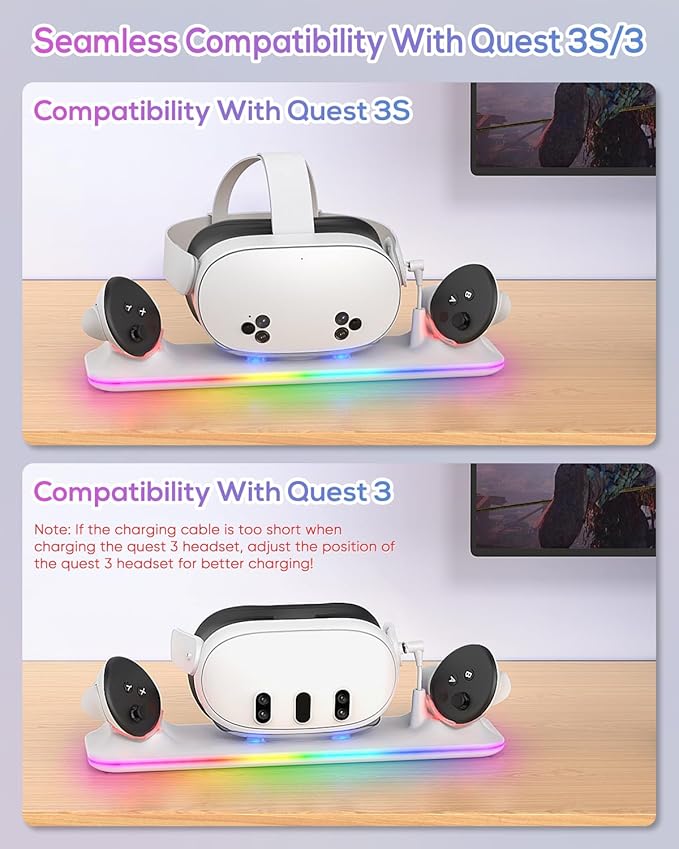 Charging Dock for Meta Quest 3S/Quest 3, Kinwin PD 18W Fast Charging Station for Oculus 3S Accessories with RGB Light, Magnetic Charger Stand for Headset/Controller with 2 Rechargeable Batteries