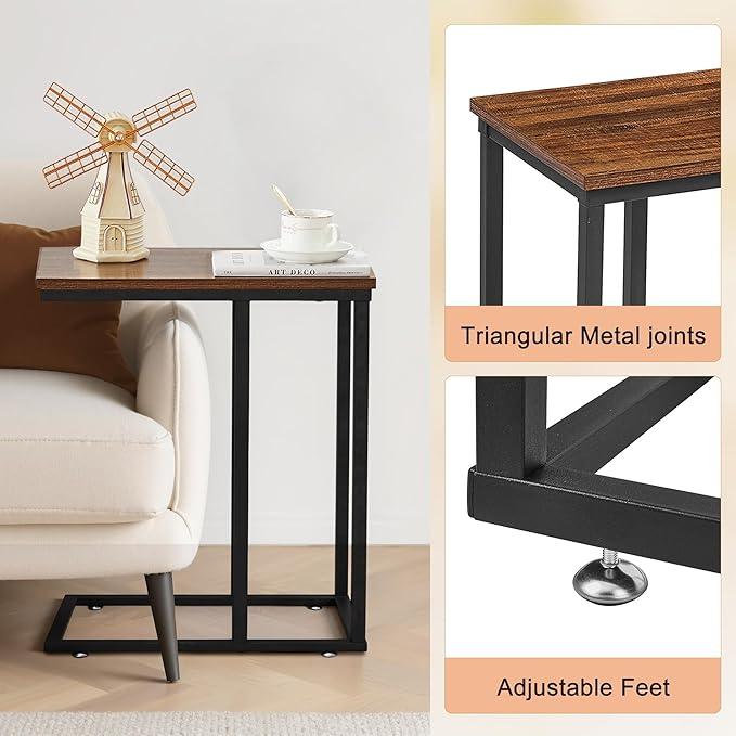 VECELO C Shaped End Side Table for Sofa Couch and Bed Snack TV Tray for Living Room Bedroom, 1 PCS Brown