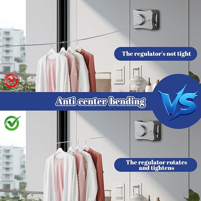 Retractable Clothesline Indoor, Non-Sagging Outdoor Clothes Line Retracting, 16.7 Ft Heavy Duty Clothes Drying Laundry Line, Wall Mounted Stainless Steel Clothesline for Balconies,Bathroom (Grey)