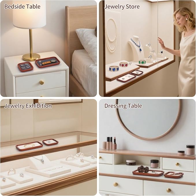 Wooden Jewelry Display Tray Rounded Rectangle Ring Showcase Stackable Elegant Bracelet Watch Jewelry Organizer for Personal Use and Commerce (Gray, Small-W 3.9'' x H 0.6'' x L 3.9'')