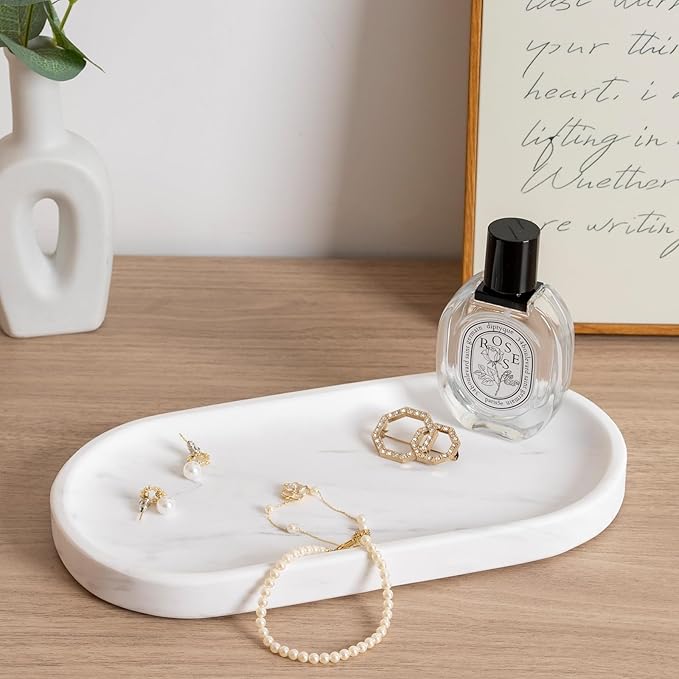 Koville White Marble Oval Tray for Bathroom Countertop, 10" x 5" Natural Marble Vanity Trays, Stone Perfume Organizer Tray for Decor, Jewelry Dish Perfume Trays for Dresser