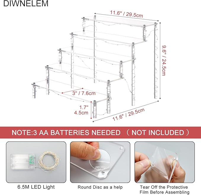 DIWNELEM 5 Tier Acrylic Risers with Blue LED Light - Acrylic Display Stands for Countertop Organizer, Collections and Cosmetics