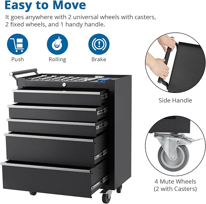 5-Drawer Rolling Tool Chest with Wheels and Locking System, Portable Tool Cabinet for Garage, Workshop, Mechanic, Heavy Duty Tool Box with Drawers, Detachable Storage for Home and Shop, Black