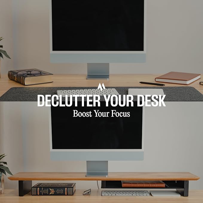 Solid Wood Dual Monitor Stand Riser – 43" Walnut Desk Shelf for 2 Monitors with Tray & Wool Felt, Organizer for Desktop, Laptop and Office (Solid Walnut)