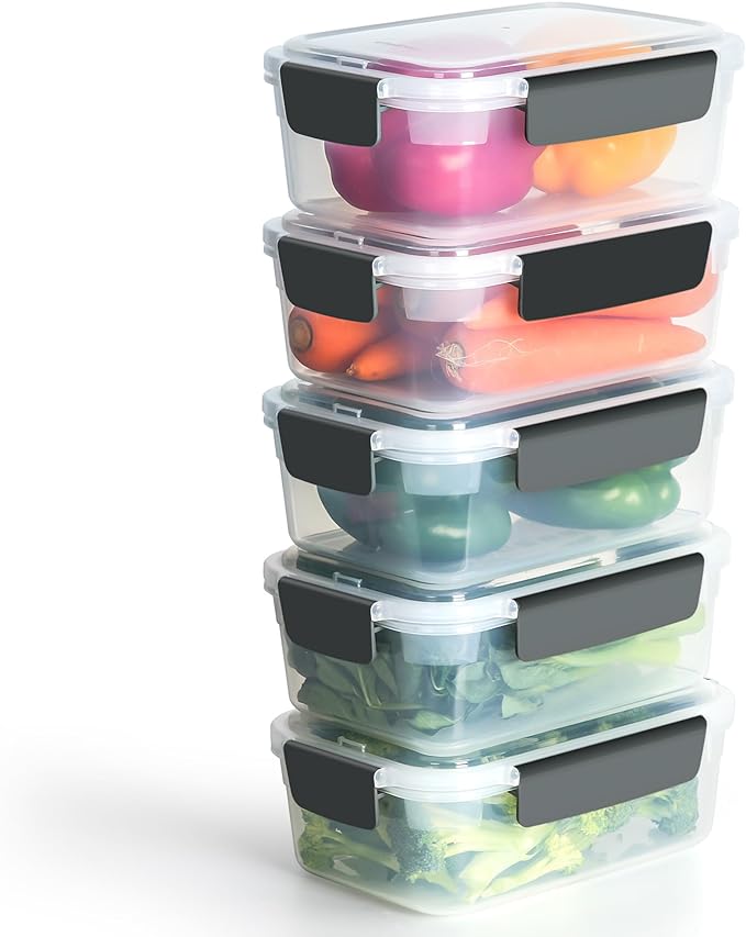 YORY 7 cup Plastic Food Storage Containers with Lids Nestable Freezer Dishwasher Safe Rectangle Meal Prep Container Set,5-Pack