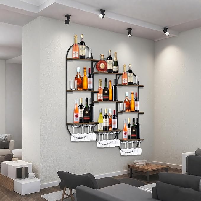 Wall Mount Wine Rack, 3-Tier Metal Oval Design Wine Rack Wall Mounted, Wine Bottle Holder for Home Bar, Wine Kitchen Storage Liquor, Champagne (Black, 4PCS)