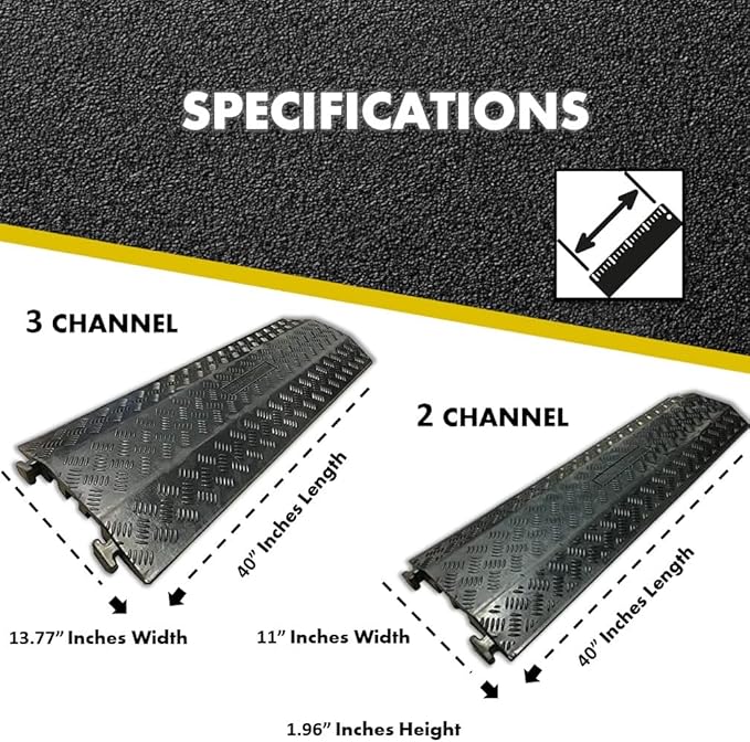 Kable Kontrol Drop Over Floor Cord Cover – 40” Inch Long 3 Channel Cable or Wire Protector – Rubber Ramp for Indoor and Outdoor Use – Black