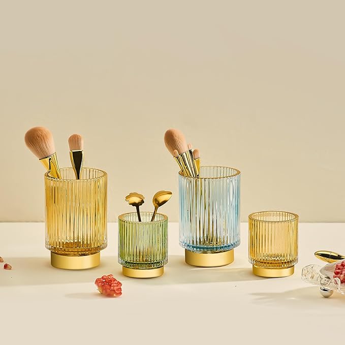 Makeup Brush Organizer, Toothbrush Holder, Desk Pen Pencil Holder, Multifunctional Vintage Glass Brush Cup (S/Blue/A3-13-US)