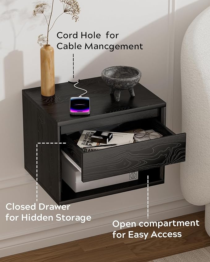 Floating Nightstand Set of 2, Wall Mounted Bedside Table with Storage Drawer and Open Shelf, Modern Night Stand with Handless Design for Living Room, Bedroom, Dorm, Black