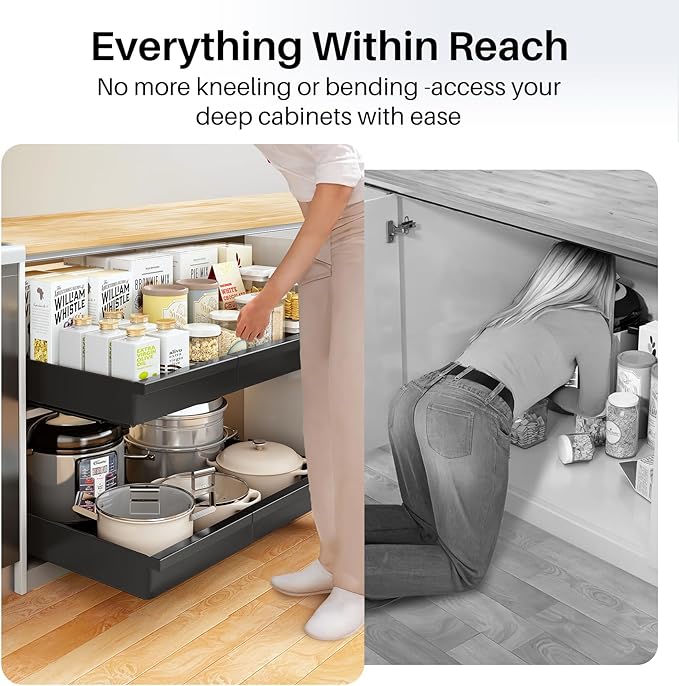 Pull out Cabinet Organizer, 2-Pack Expandable(13.6"-24") Silde out Drawers with Raising Pad for Framed Cabinets, Adjustable Full-Extension Adhesive Roll out Shelves for Kitchen Pantry Home Pot and Pan