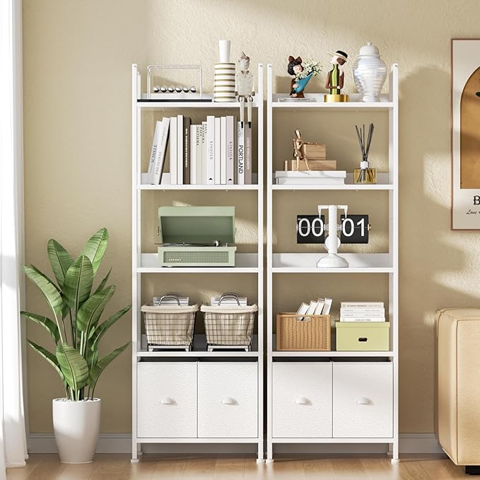 Furologee 5 Tier Bookshelf with Drawers, White Tall Bookcase with Shelves, Wood and Metal Bookshelves Storage Organizer, Modern Display Free Standing Shelf Unit for Bedroom, Living Room, Office