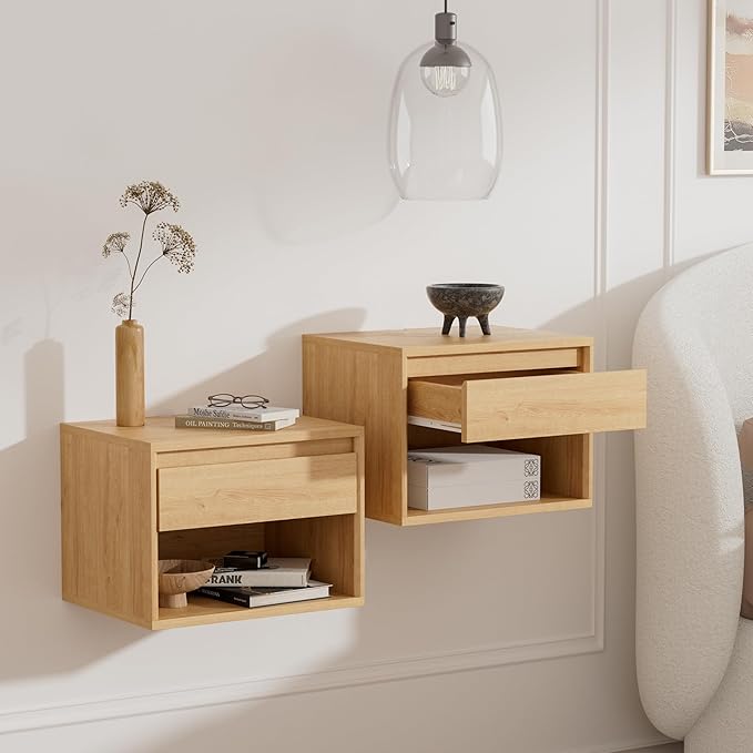 Floating Nightstand Set of 3, Wall Mounted Bedside Table with Storage Drawer and Open Shelf, Modern Night Stand with Handless Design for Living Room, Bedroom, Dorm, Natural Oak