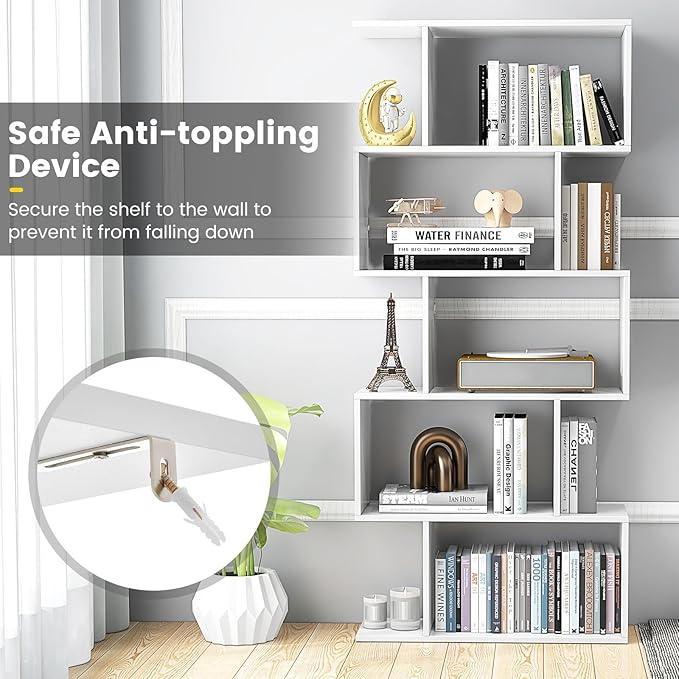 5-Tier Geometric Bookcase, 62.5” Freestanding Room Divider Bookshelf with Open Display Shelves & Anti-tip Device, Wood S-Shaped Storage Organizer for Living Room, Bedroom, Study & Home Office
