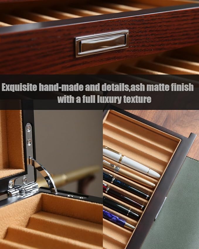 Wood Pen Display case 36 Slot Fountain Pen Box Storage Organizer with Drawer, Top Glass Window Pen Collection Display Case