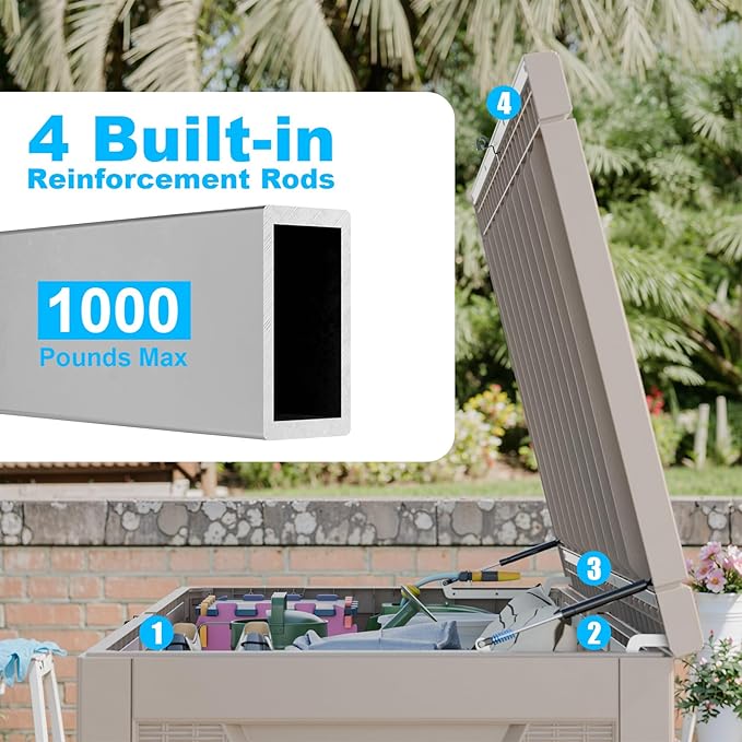 280 Gallon Large Resin Deck Box, Lockable Outdoor Storage Box for Patio Cushions Storage Furniture,Garden Tools, Pool Supplies, Weatherproof and UV Resistant- Grey Rattan (280Gallon)