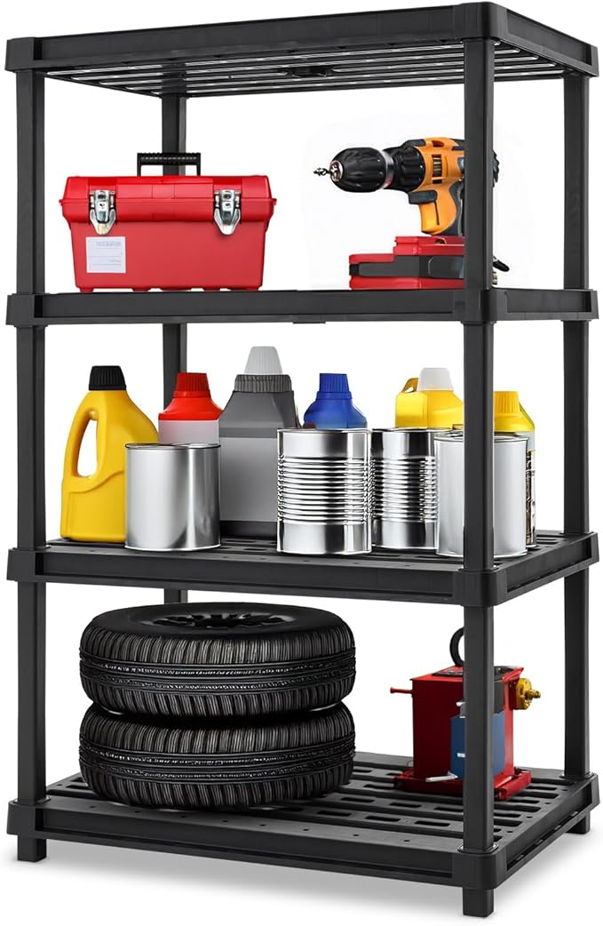 IRIS USA 4-Shelf Extra Heavy Duty Deep Plastic Storage Shelves, 800lb Capacity, 57" H x 36" W x 24" D, Large Modular Shelving Unit Storage Organizer for Garage, Home, Warehouse & Gym, Rack - Black