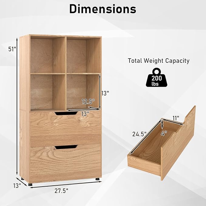 Giantex Bookshelf with 4 Cubes & 2 Drawers, 51” Tall Floor Bookcase with Anti-tip Kits, Freestanding Display Rack Storage Organizer for Study, Living Room, Home Office (2, Natural)