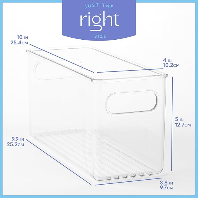 primebox Plastic Food Storage 4 Pack Clear Container Bin with Handles for Organizing Kitchen, Pantry, Refrigerator, Freezer, Pantry, Cabinet, Closet, Bathroom. 10”x4”x5”