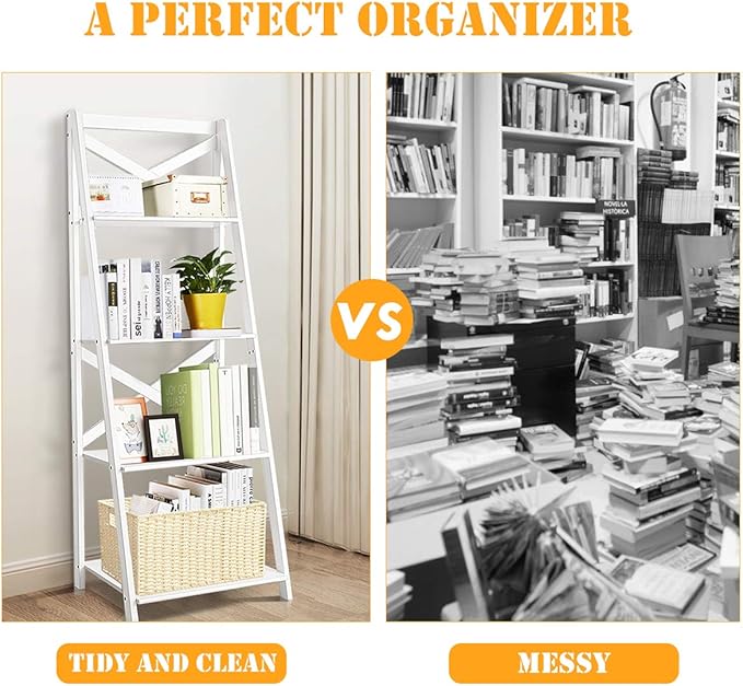 Tangkula 4-Tier Ladder Shelf Bookcase Leaning Free Standing Wooden Frame Decor Bookshelf Storage Flower Shelf Plant Display Shelf for Home Office (White, 2)