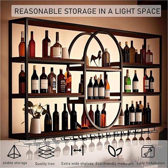 Large Wall Mount Wine Rack, Metal 4 Tier Large Capacity Hanging Bar Rack with Wine Glass Holder, Oval Wine Bottle Storage Display Rack for Kitchen, Living Room, Home (Black, 140cm/55.1in)