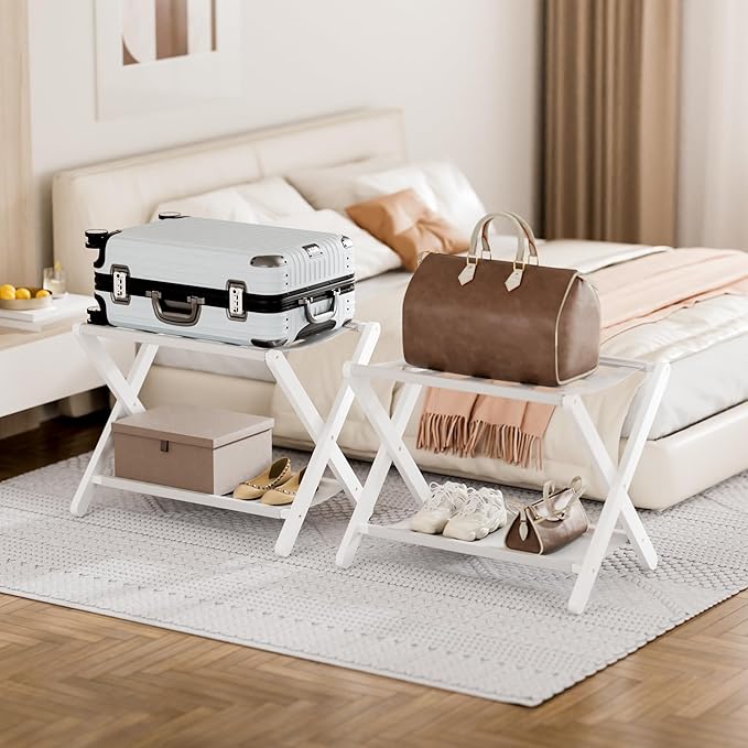 HITNET White Luggage Rack, Set of 2, Folding Suitcase Stand with Storage Shelf, Bamboo Luggage Holder with 5 Nylon Straps for Guest Room Bedroom Hotel