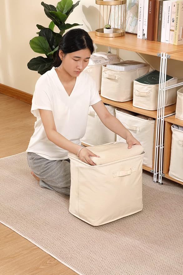 Decorative Basket Rectangular Fabric Storage Bin Organizer Basket with Handles for Clothes Storage (10.2 x 7.2 x 6.2, Beige)