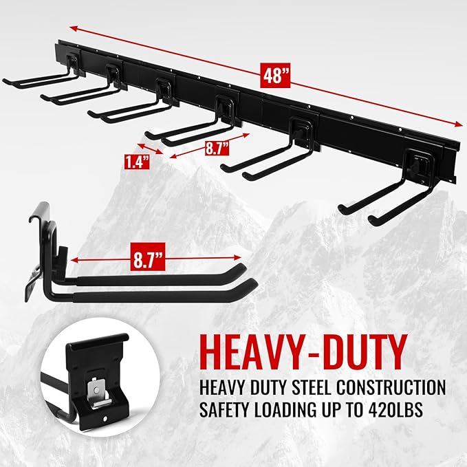 Garage Organization Wall Mount,96inch Garden Tool Organizer with 6 Clamping Hooks, Heavy Duty, Garage Hanging Storage Rack for Yard Tools, Shovel, Shed, Hold Up to 420lbs (96Inch Black)