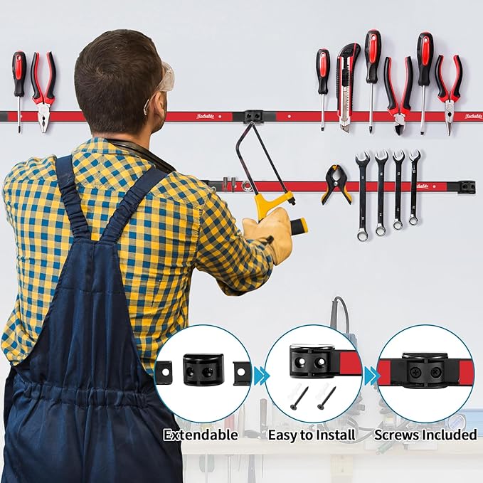 6 Pieces 18" Magnetic Tool Holder Strip, Red Magnet Bar, Metal Tool Organizer Rack for Garage Organization, Easy To Install in Workshop, Mounting Screws Included