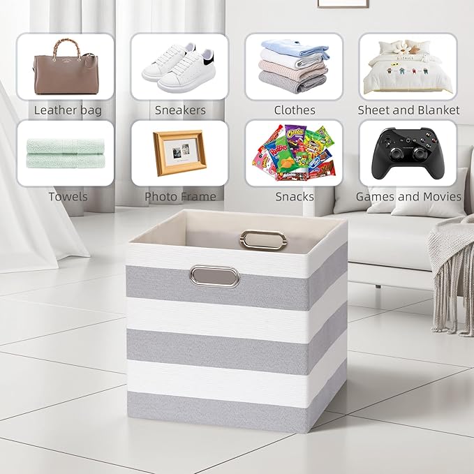 13x13x13 Storage Cube Bins, Foldable Storage Cubes Cubby Baskets Organizer Cloth Bins for Cube Storage Organizing Shelf Closet, Pack of 4, Gray/White Stripe