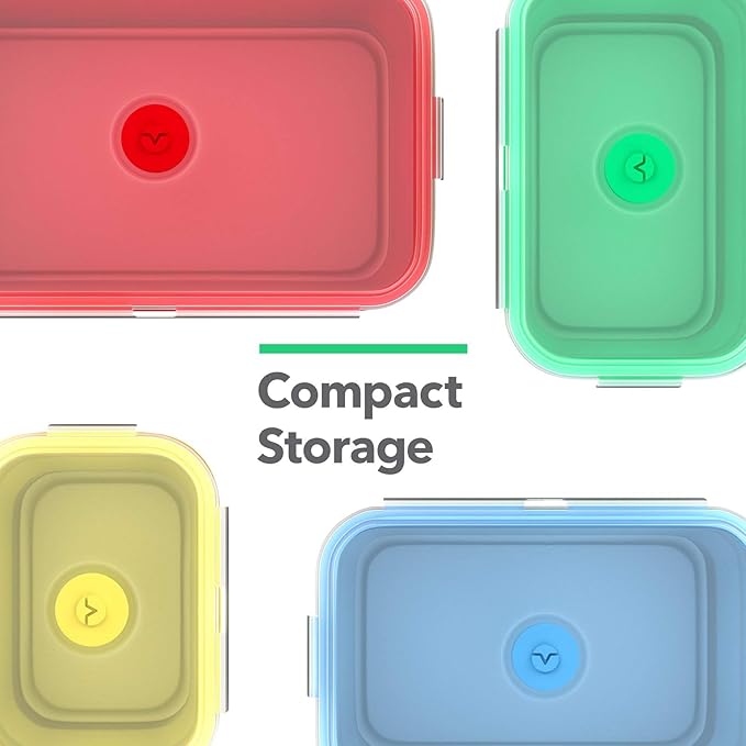 Vremi Silicone Food Storage Containers with BPA Free Airtight Plastic Lids - Set of 4 Small and Large Collapsible Meal Prep Container for Kitchen Lunch Boxes - Microwave and Freezer Safe