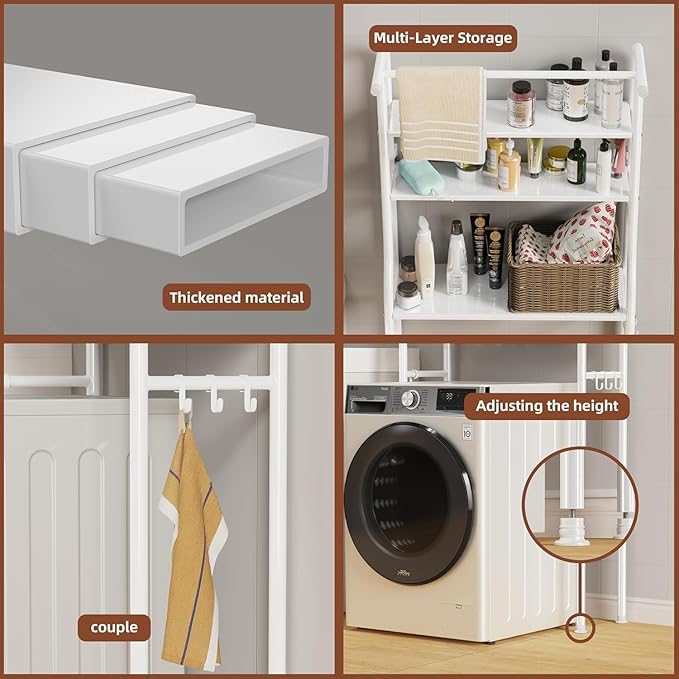 Over The Washer and Dryer Storage Shelf, 3 Tier Laundry Room Metal Drying Rack with Towels Hangers, Space Saver Organizer for Hanging Clothes and Towels (Metal White FA1)