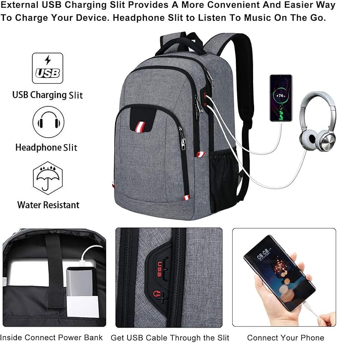 Della Gao Travel Laptop Backpack, Anti Theft Backpack for Men and Women with USB Slit Business Computer Backpack Bag (Grey, 15.6 Inch)
