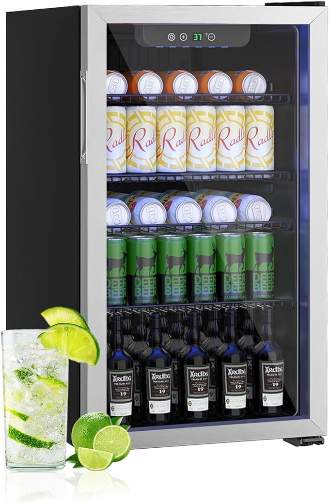 126 Can Mini Fridge - 3.2 Cu.Ft Beverage Refrigerator with Reversible Glass Door for Soda Wine Beer, Adjustable Temperature Control for Home Office Bar, Silvery(40-61 ℉)