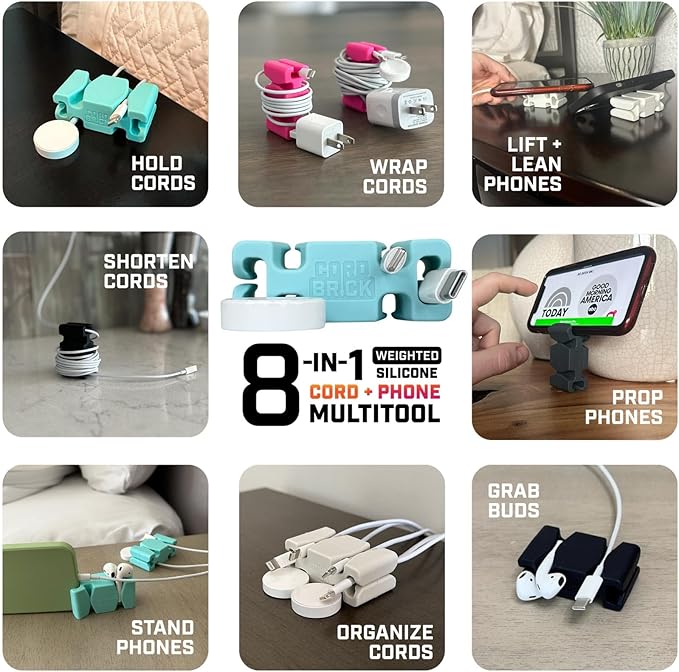 CordBrick Stocking Stuffers for Adults Cord Management Weighted Cord Holder Cable Wrap Phone Stand - Multiuse Gadget Organizer for Nightstand, Desk. Gift for Men, Durable Silicone. 2pk Aqua
